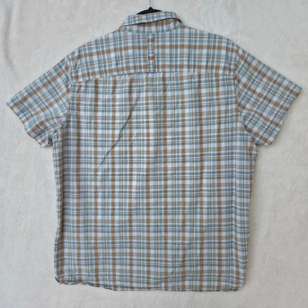 The North Face Plaid Button Down Men Large Blue Tan Excellent Short Sleeve Shirt